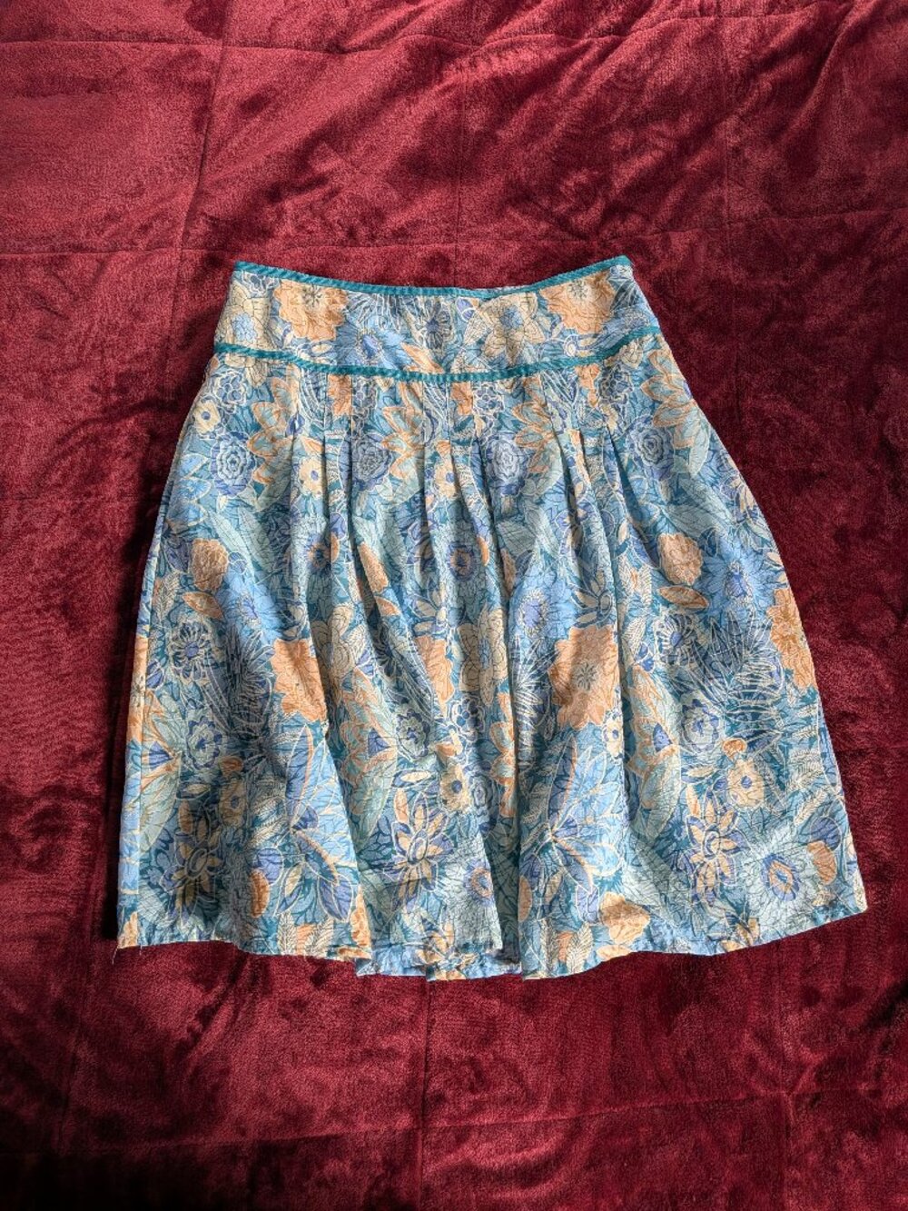 Magic Vintage Blue Peach Floral Pleated Midi Skirt L